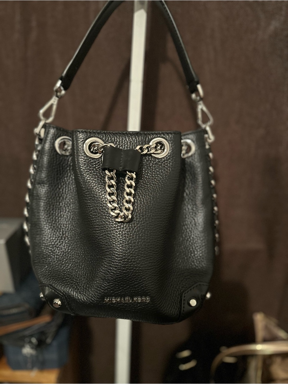 Michael Kors Black Pebbled Leather Chain-Detail Bucket Shoulder Bag